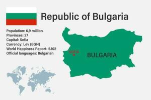 mapa de bulgaria muy detallado con bandera, capital y pequeño mapa del mundo vector