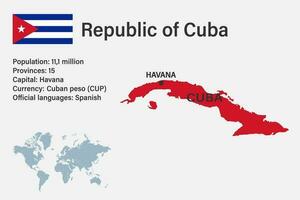 mapa de cuba muy detallado con bandera, capital y pequeño mapa del mundo vector