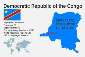 Mapa muy detallado de la república democrática del congo con bandera, capital y mapa pequeño del mundo vector