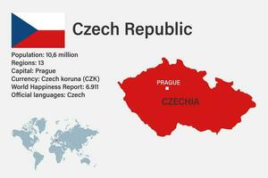 Highly detailed Czechia map with flag, capital and small map of the world vector