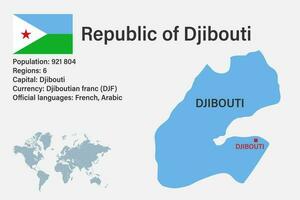 Highly detailed Djibouti map with flag, capital and small map of the world vector