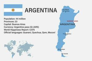 Mapa de argentina muy detallado con bandera, capital y pequeño mapa del mundo vector