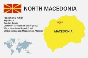 Highly detailed Macedonia map with flag, capital and small map of the world vector