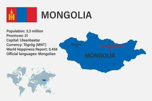 mapa de mongolia muy detallado con bandera, capital y pequeño mapa del mundo vector