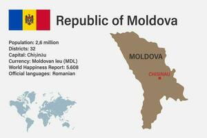 Highly detailed Moldova map with flag, capital and small map of the world vector