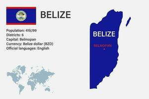 mapa de belice muy detallado con bandera, capital y pequeño mapa del mundo vector