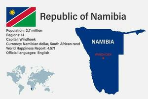 Mapa de Namibia muy detallado con bandera, capital y pequeño mapa del mundo vector