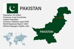 Highly detailed Pakistan map with flag, capital and small map of the world vector