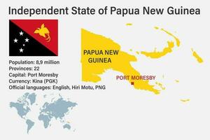 muy detallado Papuasia nuevo Guinea mapa con bandera, capital y pequeño mapa de el mundo vector