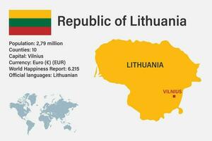 Mapa muy detallado de la República de Lituania con bandera, capital y pequeño mapa del mundo vector