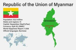Highly detailed Myanmar map with flag, capital and small map of the world vector