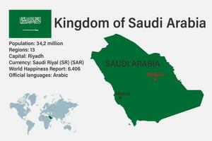 Mapa de arabia saudita muy detallado con bandera, capital y mapa pequeño del mundo vector