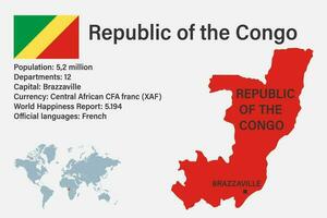 Highly detailed Republic of the Congo map with flag, capital and small map of the world vector