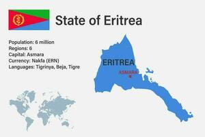 mapa de eritrea muy detallado con bandera, capital y pequeño mapa del mundo vector