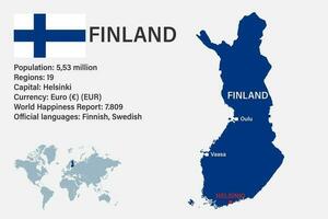 Mapa de Finlandia muy detallado con bandera, capital y pequeño mapa del mundo vector