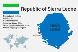 mapa de sierra leona muy detallado con bandera, capital y pequeño mapa del mundo vector