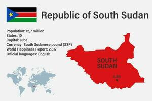 Highly detailed South Sudan map with flag, capital and small map of the world vector