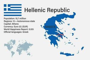 mapa de grecia muy detallado con bandera, capital y pequeño mapa del mundo vector