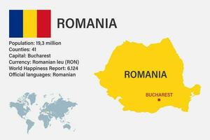 Highly detailed Romania map with flag, capital and small map of the world vector