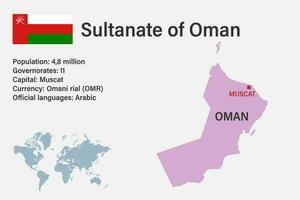 Highly detailed Sultanate of Oman map with flag, capital and small map of the world vector