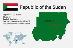 Highly detailed Sudan map with flag, capital and small map of the world vector