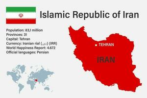 Highly detailed Iran map with flag, capital and small map of the world vector