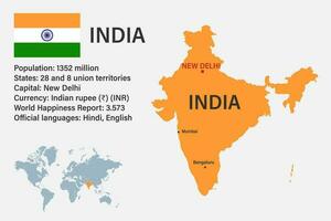 mapa de india muy detallado con bandera, capital y pequeño mapa del mundo vector