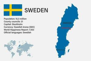 Mapa de Suecia muy detallado con bandera, capital y pequeño mapa del mundo vector