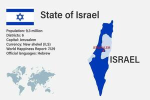 mapa de israel muy detallado con bandera, capital y pequeño mapa del mundo vector