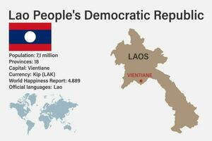 mapa de laos muy detallado con bandera, capital y pequeño mapa del mundo vector