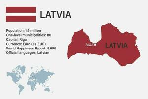 Highly detailed Latvia map with flag, capital and small map of the world vector