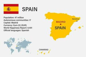 Highly detailed Spain map with flag, capital and small map of the world vector