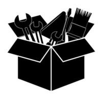 Open box with work tools isolated on background, flat pictogram, business, marketing, internet vector