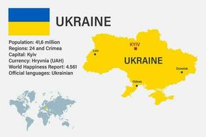 Highly detailed Ukraine map with flag, capital and small map of the world vector