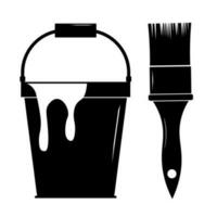 Plastic bucket and paint brush icon in modern silhouette style design vector