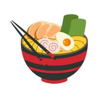 Vector illustration of delicious Japanese ramen noodle on bowl with flat style. Traditional Asian noodle soup. Ramen with eggs and shrimp. The noodles are hanging on sticks. Eastern cuisine.