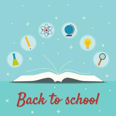 Illustration with book and icons flask, pencil, atom, globe, light bulb, magnifier and text Back to school