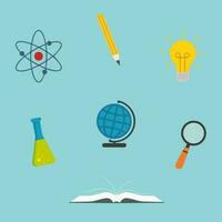 Set of icons on school, education theme flask, pencil, atom, globe, light bulb, magnifier vector