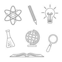 One line black set of icons on school, education theme flask, pencil, atom, globe, light bulb, magnifier vector