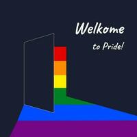 bandera, póster con abierto puerta y arco iris ligero y texto Bienvenido a orgullo vector