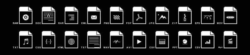 grande colección de vector iconos, archivo extensiones diverso íconos conjunto - un conjunto de computadora archivos y software íconos valores vector para diseño en negro antecedentes