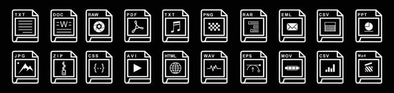Big Collection of vector icons, file extensions diverse icons set - A set of computer files and software icons stock vector for design on black background