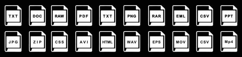 grande colección de vector iconos, archivo extensiones diverso íconos conjunto - un conjunto de computadora archivos y software íconos valores vector para diseño en negro antecedentes