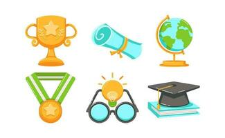 Academy Icon Set. Vector color icons. Contains a globe, trophy, graduation cap, certificate, light idea, glasses and medal. You can use for your website and social media