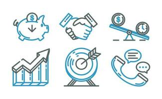 Set of icons of piggy bank line, network handshake, target, upward curve, financial stability, and communication. Suitable for websites and social media vector