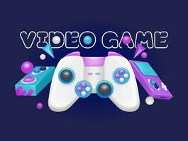 Video Games, 3d illustration. White gamepad for gaming, pocket console and arcade joystick. Isolated 3d object on dark purple background. perfect for design elements and banners vector