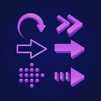 Collection of different purple arrows on a dark background. Arrows in 3d icon set, suitable for apps, web, social media and elements vector