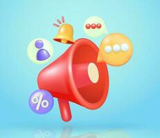 Megaphone speaker with notification bell icon, profile, discound and text balloon icon 3d vector elements. Perfect for promotional notices and social media