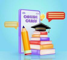 Online learning class on mobile phone, with 3d vector elements of pile of books, pencils, text balloons, lamp and graduation cap. Smartphone background. Perfect for education and design elements