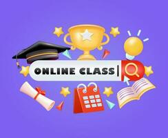 Online Class, with 3d vector elements of stamp, trophy, calendar certificate, lamp, star and book. The search bar is surrounded with educational elements. Perfect for education and design elements